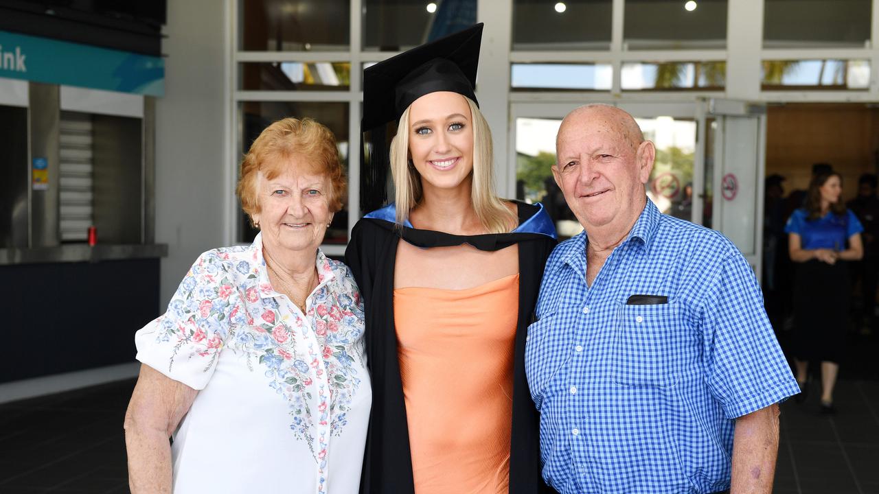 Elaine Humphreys, Holly Humphreys and Neil Reardon at the James Cook University 2023 Graduation. Picture: Shae Beplate.