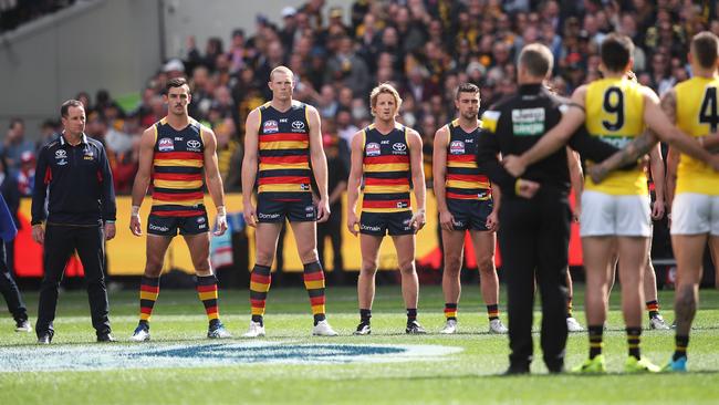 The Crows’ national anthem stare down during the AFL Grand Final at the MCG. Picture. Phil Hillyard