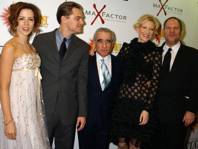 Actors Kate Beckinsale, Leonardo DiCaprio, Martin Scorsese, Cate Blanchett and Miramax boss Harvey Weinstein arrive at the UK Premiere of "The Aviator" in 2004 in London. Picture: Getty