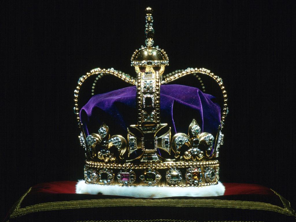 The solid gold St Edward’s Crown, set with 444 semi-precious stones and reputed to contain gold from the crown of Edward the Confessor, was used for the Coronation. Picture: Getty