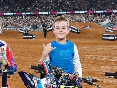 Nate Hargreaves (middle) celebrating his success in the Yamaha YZ65 Cup at the World Supercross Championships' Australian Grand Prix. Picture: Supplied.