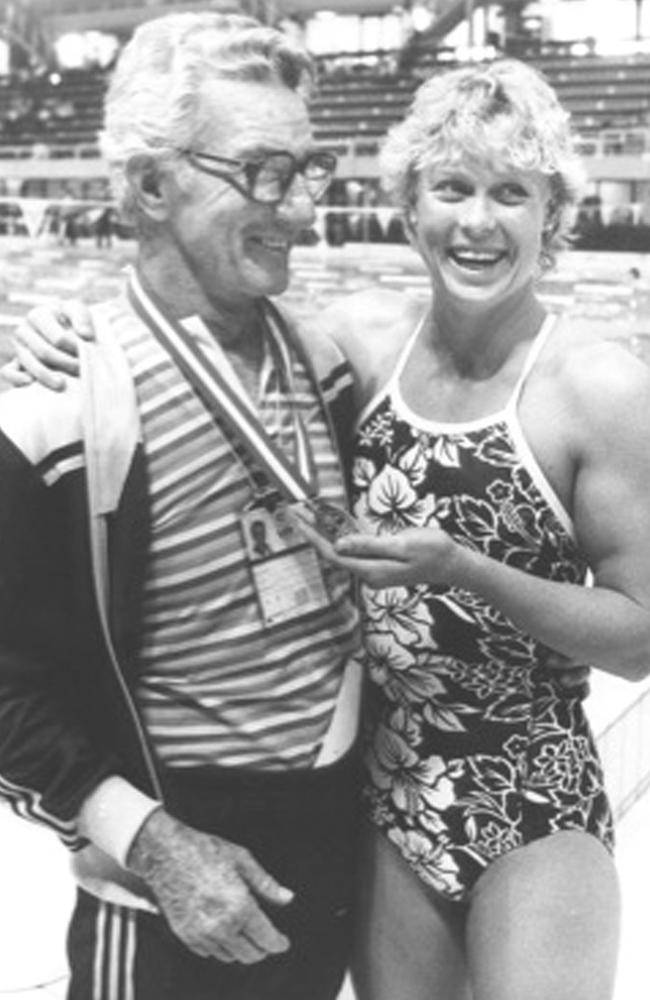 Gold standard … Lisa Curry with coach Joe King and her first gold medal at the 1982 Brisbane Commonwealth Games. Photo courtesy Lisa Curry, from her memoir Lisa.