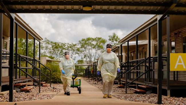 AUSMAT staff conduct a Swabbing run at a PPE drill at the NCCTRCA/AUSMAT sections of the Howard Springs coronavirus quarantine Centre on Darwin's outskirts. Picture: GLENN CAMPBELL via NCA NewsWire