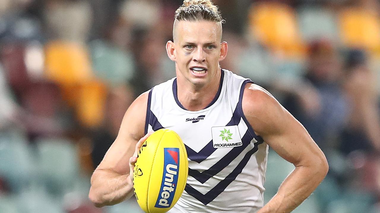 Fremantle’s Nat Fyfe using a United ball during the match against Brisbane this season. Picture: Chris Hyde/Getty Images