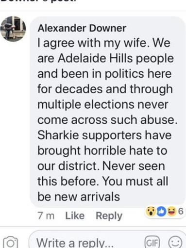 Alexander Downer's Facebook comment he made about Rebekha Sharkie's supporters.