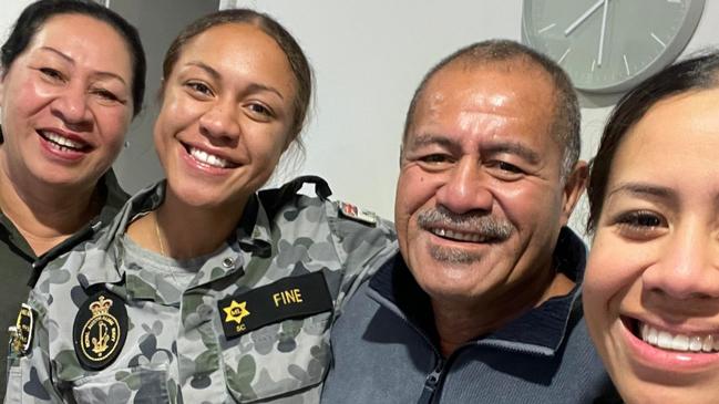 Royal Australian Navy Leading Seaman Christine Fine, 26, (right) is one of at least four Tongans on board the HMAS Adelaide as it heads to the pacific island nation laden with humanitarian supplies. She is pictured with her mother Nita, 59, sister Selina, 23, and father Sione, 65. Picture: Supplied