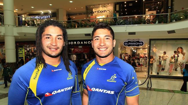 Wallabies twins Anthony, right, and Saia Fainga at a signing session at Westfield Parramatta.