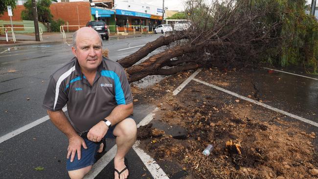 Merbein Newsagency owner Gavin Sedgmen in the main street of Merbein where trees were up rooted. Picture: Glenn Milne