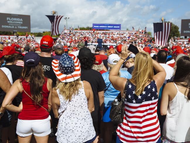 Mr Trump spoke for almost two hours at today’s rally. Picture: Angus Mordant