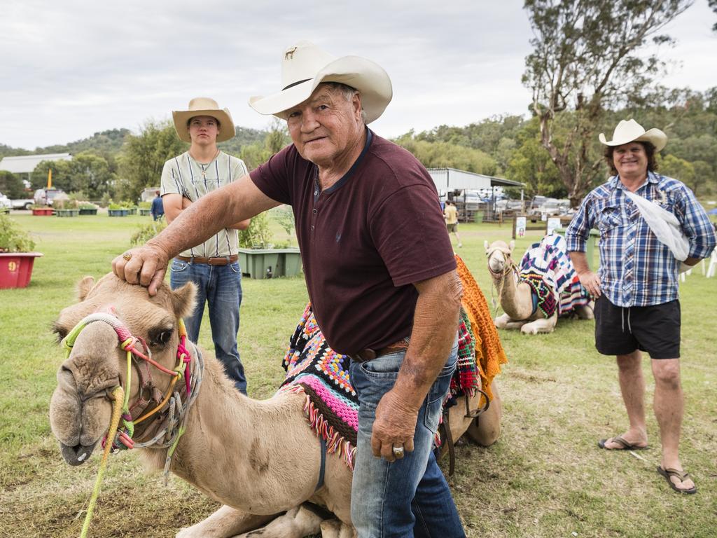 Camel ride organisers from The Big Camel, Yeppoon (from left) Johnny Richardson, John Richardson and Alan Percy at the Toowoomba Royal Show, Saturday, April 1, 2023. Picture: Kevin Farmer