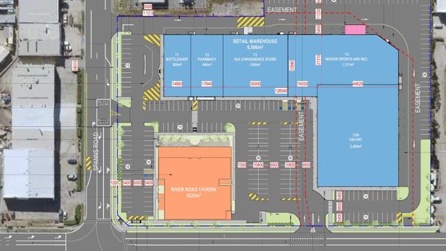 A plan of the proposed Beenleigh Central with the IGA and Officeworks in blue and the new tavern in orange. Image: Start Logan River Road Pty Ltd