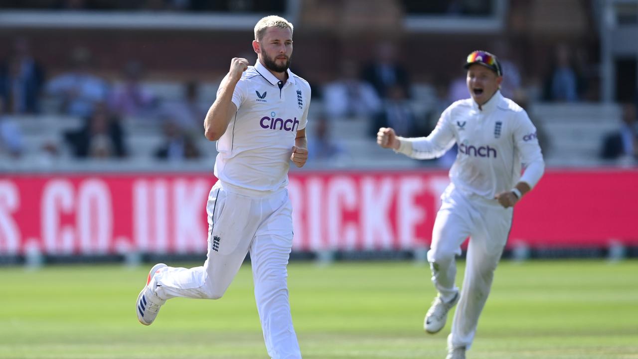 Gus Atkinson of England celebrates dismissing Dinesh Chandimal of Sri Lanka. Photo by Gareth Copley/Getty Images