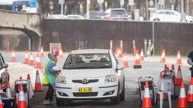 Cars at a Covid testing station at Bondi Beach on Sunday. Pictures: Julian Andrews