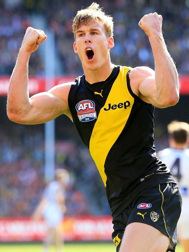 Josh Caddy celebrates a goal during the 2019 AFL Grand Final. Picture: Mark Stewart