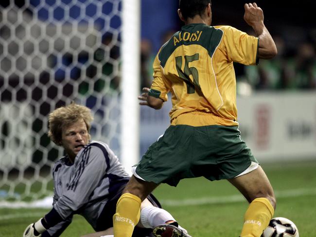 Socceroos striker John Aloisi in action against Germany at the 2005 Confederations Cup.