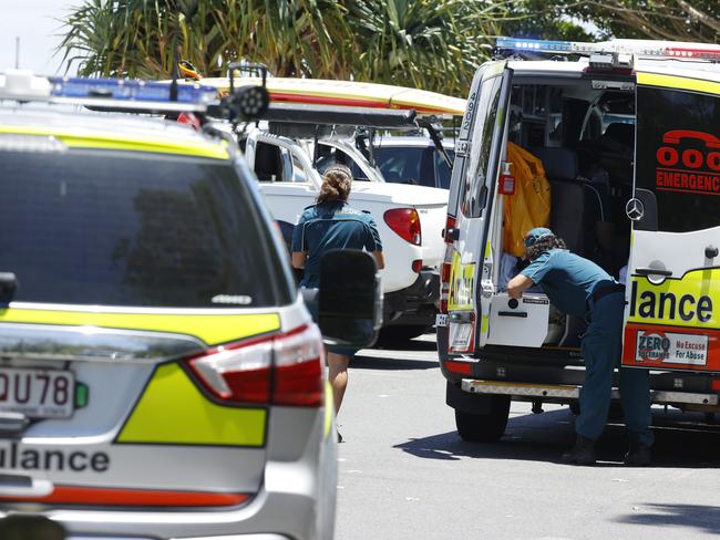 Paramedics on scene at Noosa River mouth car park where a man was allegedly pulled from the water unresponsive by fisherman on Wednesday morning. Picture Lachie Millard