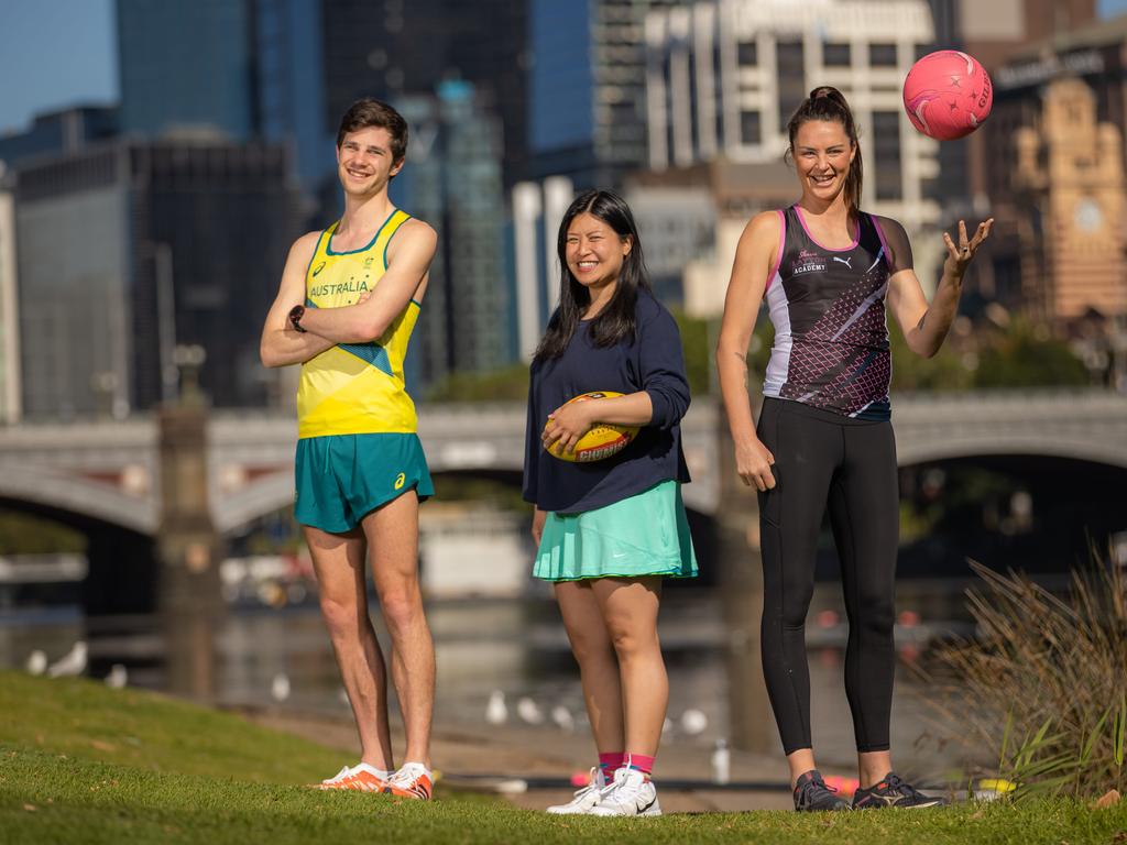 Speaking out: race walker Rhydian Cowley, Sports Environment Alliance CEO Dr Sheila Nguyen, and netballer and AFLW footballer Sharni Norder. Picture: Jason Edwards