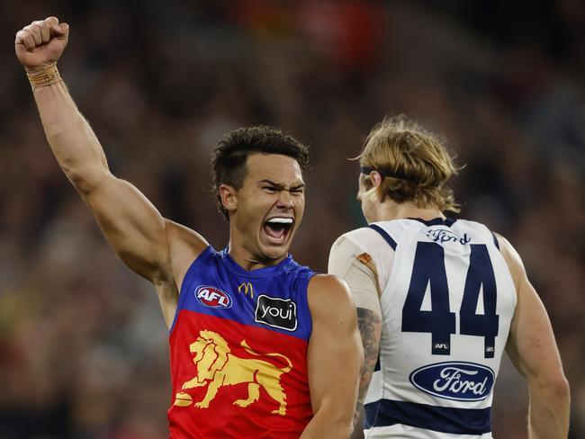 NCA. MELBOURNE, AUSTRALIA. September 21 , 2024. 2nd preliminary final between Geelong and the Brisbane Lions at the MCG.   Cam Rayner of the Lions celebrates a 3rd quarter goal   .  Pic:Michael Klein