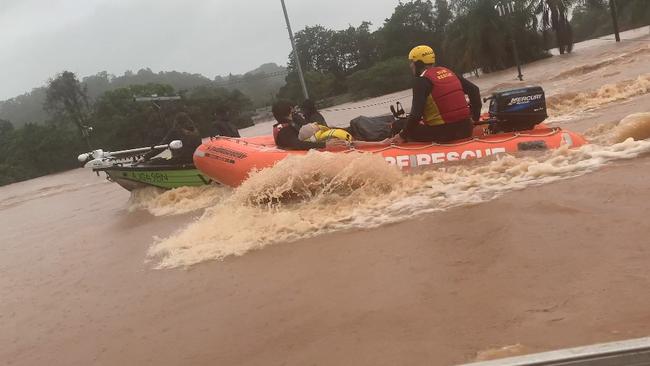 A rescue boat travels down Ballina Street in South Lismore on February 28, 2022.