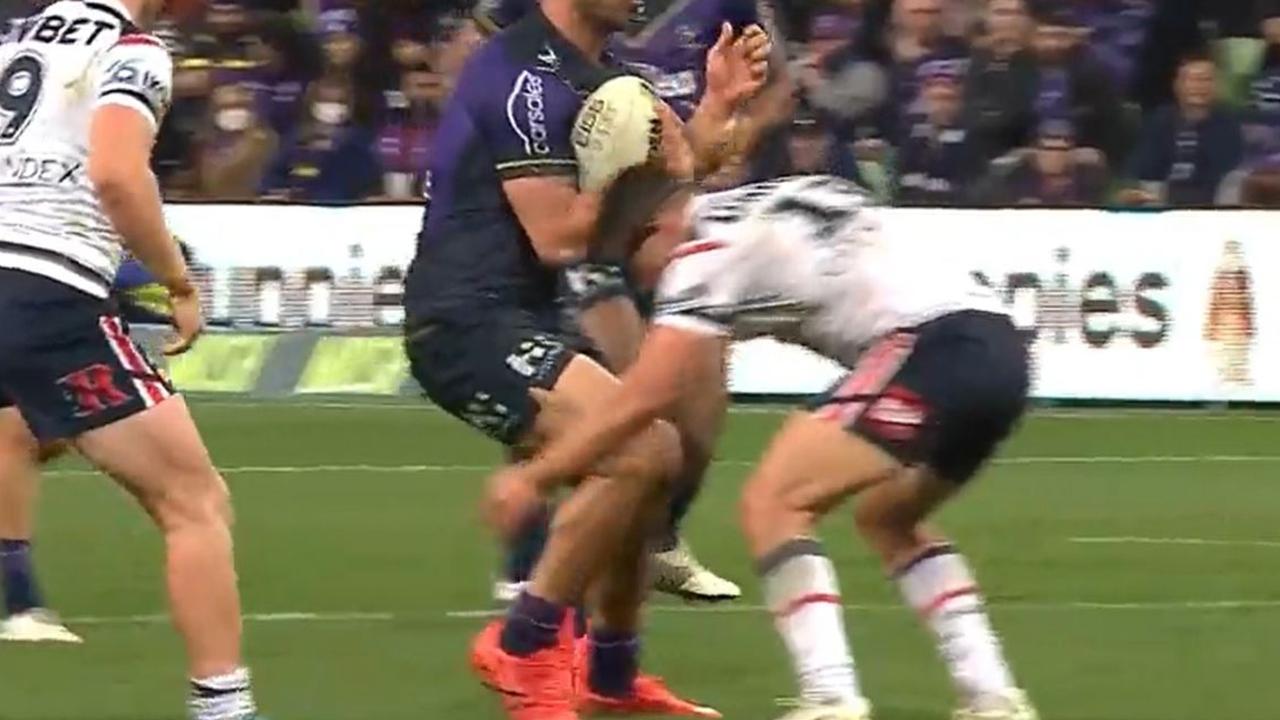 MELBOURNE, AUSTRALIA - AUGUST 26: Victor Radley of the Roosters during a tackle round 24 NRL match between the Melbourne Storm and the Sydney Roosters at AAMI Park on August 26, 2022, in Melbourne, Australia. Radley was attended to by medicas after the tackle.