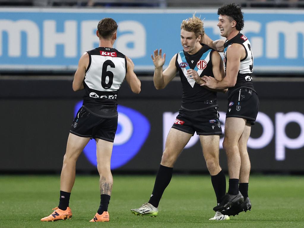 Jason Horne-Francis celebrates a first-quarter goal. Picture: Darrian Traynor/Getty Images