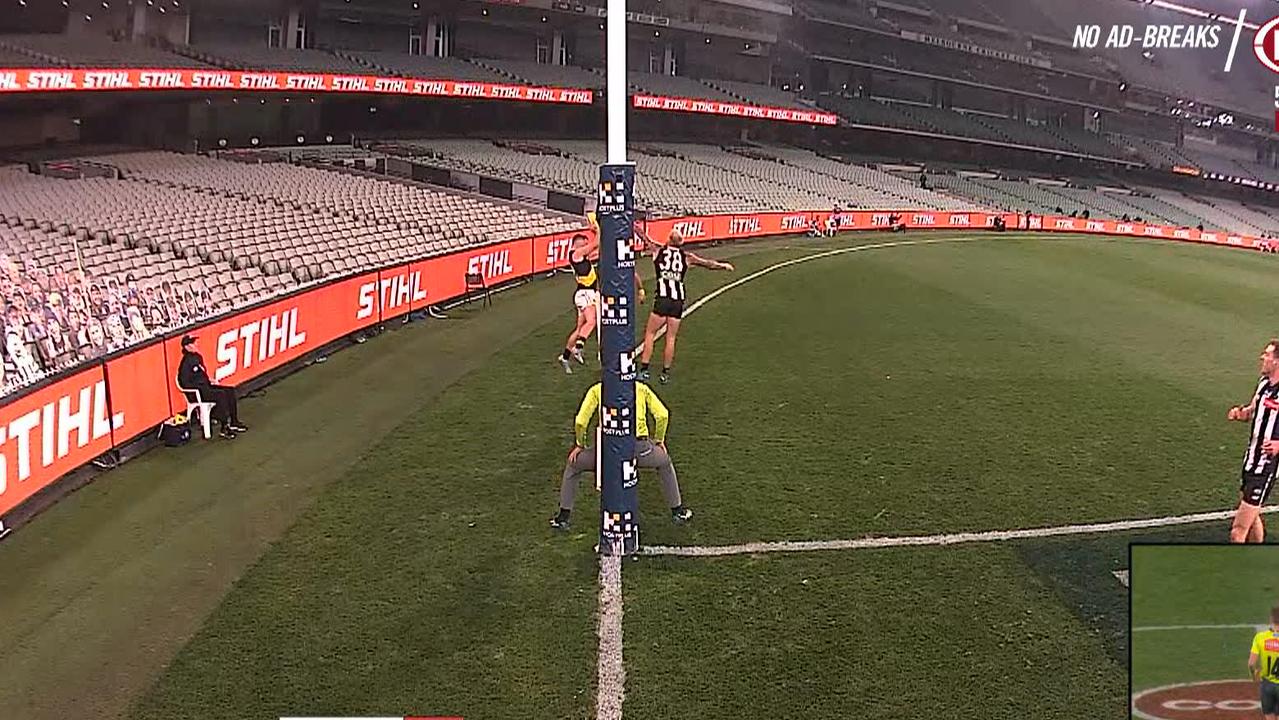 Jack Higgins was judged to have taken this mark before the ball crossed the line.