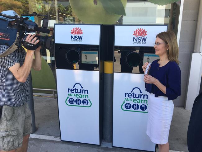 NSW Environment Minister Gabrielle Upton with container deposit scheme reverse vending machines.