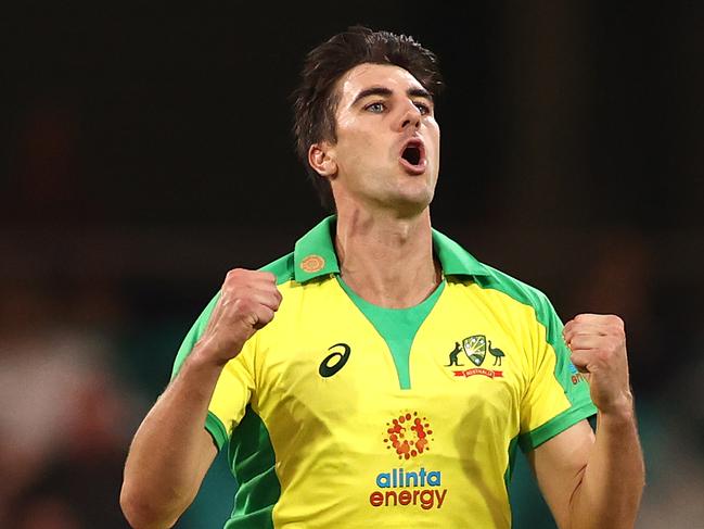 SYDNEY, AUSTRALIA - NOVEMBER 29: Pat Cummins of Australia celebrates after taking the wicket of Mayank Agarwal of India during game two of the One Day International series between Australia and India at Sydney Cricket Ground on November 29, 2020 in Sydney, Australia. (Photo by Ryan Pierse/Getty Images)