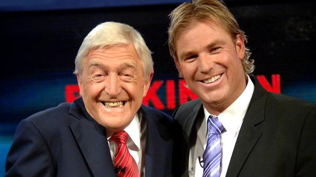 Shane Warne with TV interviewer Michael Parkinson at Foxtel Studios in Sydney in 2007.