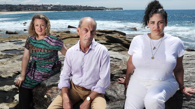 Greta Gertler Gold, Geoff Sirmai and Talia Emsalem, three Sydney-based Jewish creatives who were doxxed in February. Picture: John Feder