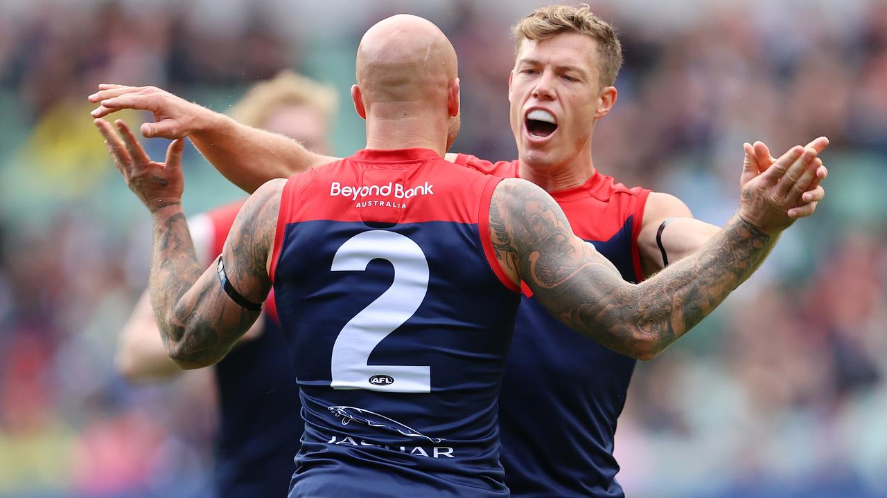 Nathan Jones and Jake Melksham celebrate a goal. Picture: Michael Klein