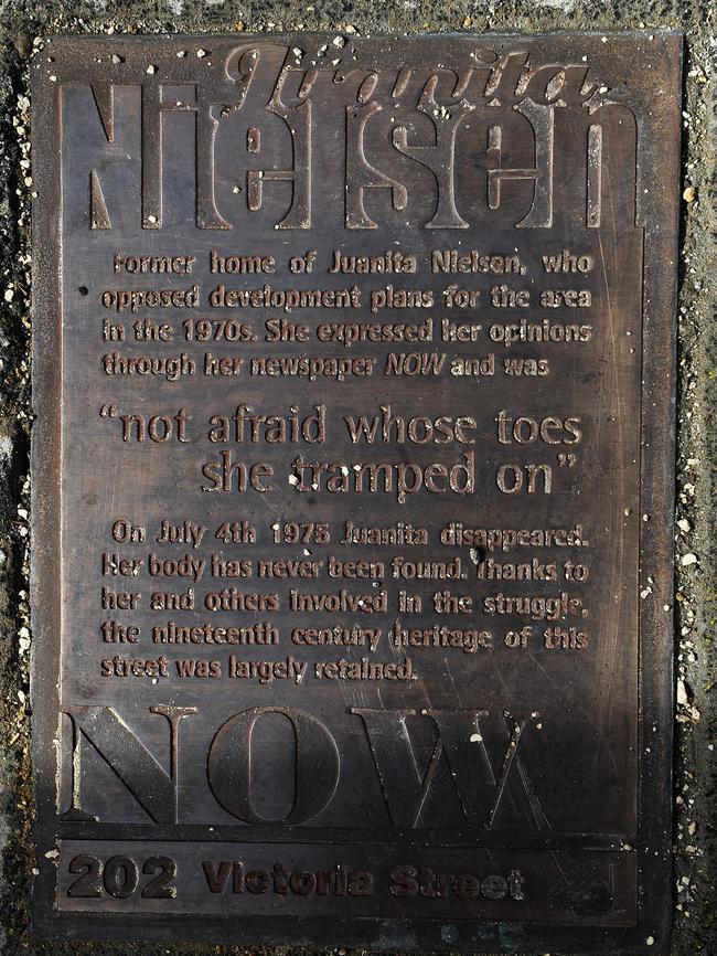 The plaque in the footpath in front of Juanita Nielsen’s home at 202 Victoria St.