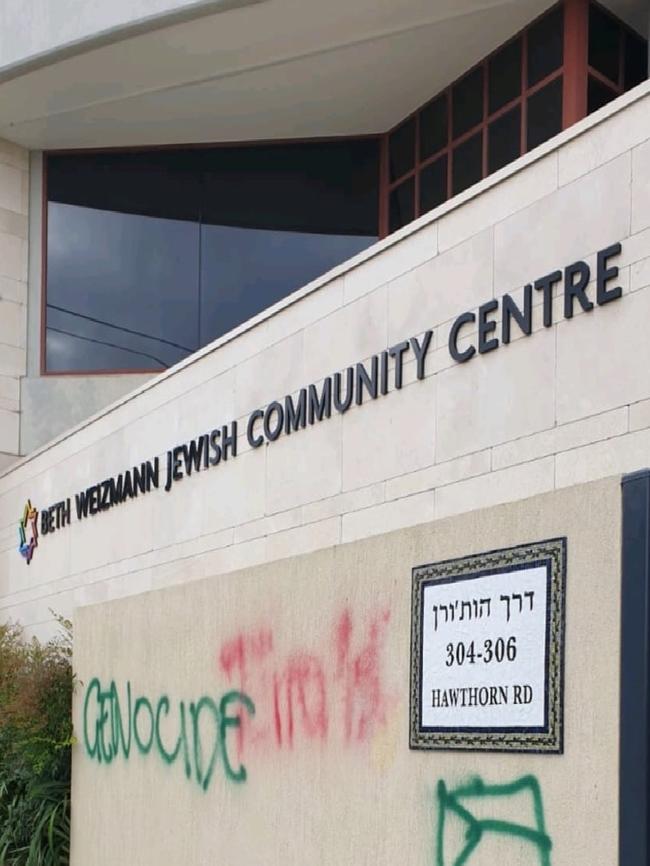 Caulfield's Beth Weizmann Jewish Community Centre was vandalised for the second time in two months on Saturday evening following a wave of anti-Semitic attacks in Victoria. Picture: Jewish Community Council of Victoria