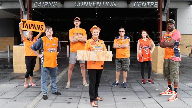 Taipans supporters Wendy Durdin, Alan Aldous, Alex Loughton, Coleen Lander, Adrian Iziercich, Yvonne Poweleit and Max Ishimwe petitioning government to ensure the Taipans can play at the Cairns Convention Centre this NBL season. PICTURE: STEWART McLEAN