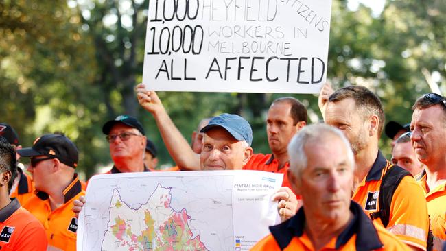 Heyfield Timber Mill workers protesting outside a cabinet meeting. Picture: Chloe Smith.