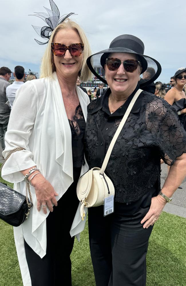 Natalie Ranford and Jenny Hirsch at Flemington for Derby Day on November 2, 2024. Picture: Phillippa Butt