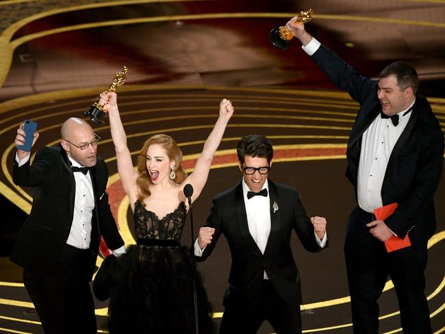 Jaime Ray Newman and Guy Nattiv accept the Best Live Action Short Film award for "Skin" onstage during the 91st Annual Academy Awards. Picture: Getty