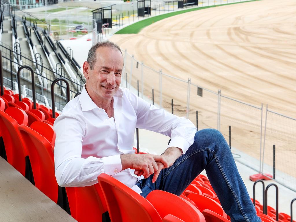 St Kilda president Andrew Bassat sits in the club’s new Danny Frawley Centre grandstand at Moorabbin. Picture: Ian Currie