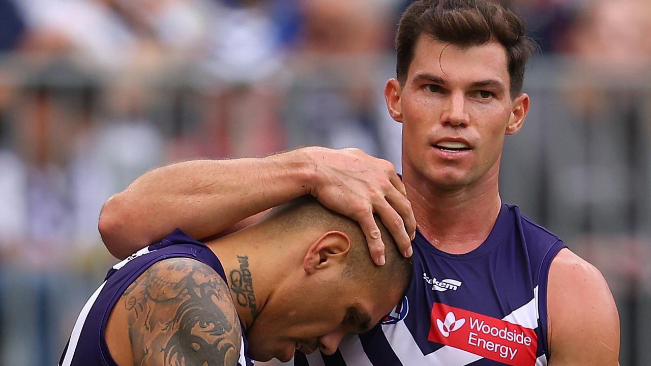 PERTH, AUSTRALIA - APRIL 02: Jaeger O'Meara of the Dockers acknowledges Michael Walters after receiving a free kick during the round three AFL match between Fremantle Dockers and West Coast Eagles at Optus Stadium, on April 02, 2023, in Perth, Australia. (Photo by Paul Kane/Getty Images)