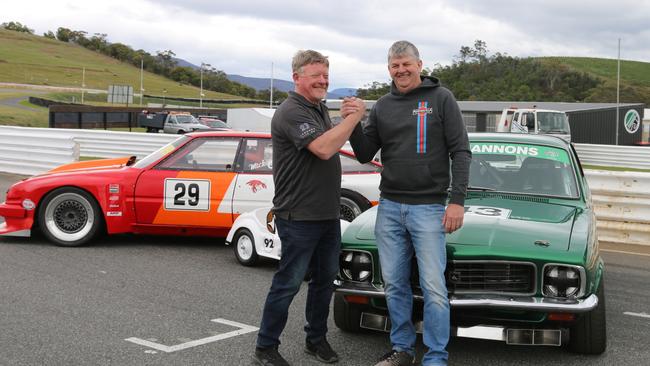 Leigh Woolley and Mick Cross with Mr Woolley's XU1 Torana and Mr Cross sports sedan Rover at Baskerville ahead of the 2024 Baskerville Historics. Picture: Elise Kaine