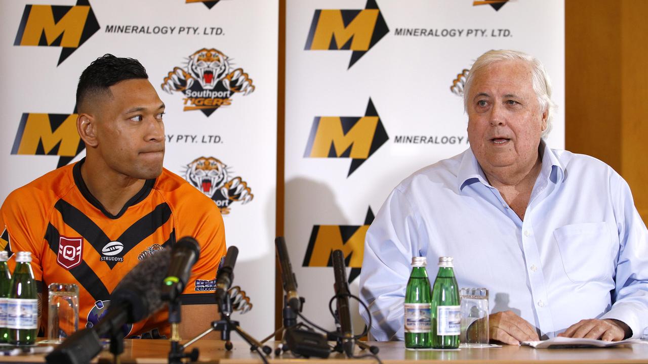 Clive Palmer (R) has thrown his considerable weight behind Israel Folau issuing legal threats against any who oppose the former star’s return to league. Picture: NCA NewsWire/Tertius Pickard