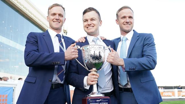 David Hayes’ sons Will, Ben and JD Hayes after Mr Brightside won the Memsie Stakes last spring. Picture: Racing Photos via Getty Images.