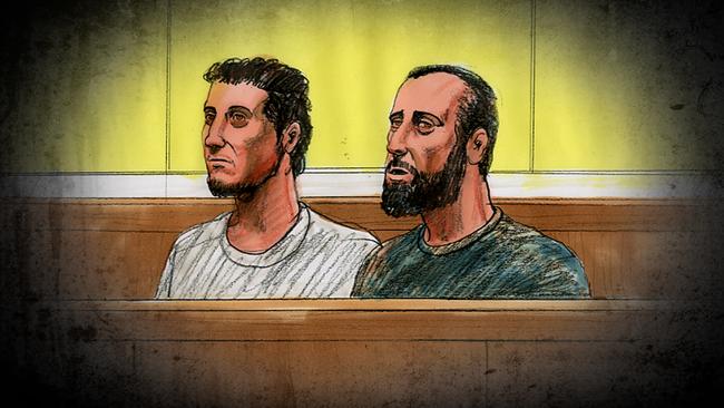 A artist's sketch of Hamza Abbas and Ahmed Mohamed facing the Melbourne Magistrates Court. Picture: Nine News.