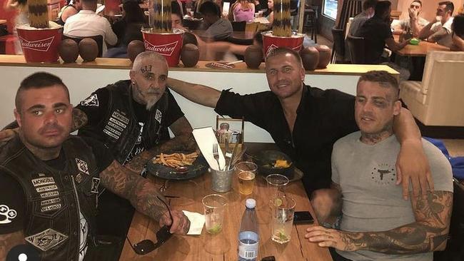 Dylan Goddard, Josh Rider with other Mongols bikies at a Melbourne restaurant.