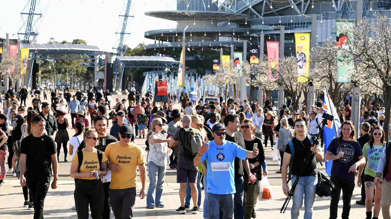 Large crowds seen at a Freedom Day protest in Olympic Park, Sydney. Picture: NCA NewsWire/Joel Carrett.