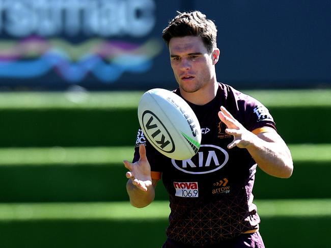 BRISBANE, AUSTRALIA - JUNE 02: Brodie Croft catches the ball during a Brisbane Broncos NRL training session at the Clive Berghofer Centre on June 02, 2020 in Brisbane, Australia. (Photo by Bradley Kanaris/Getty Images)