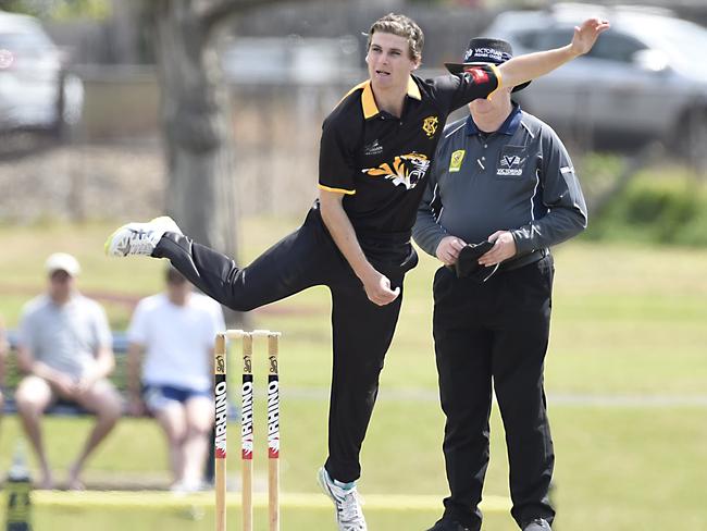 Monash bowler Thomas O'Connell. Premier: Geelong v Monash Tigers at Kardinia Park, South Geelong cricket ground. Picture: Alan Barber