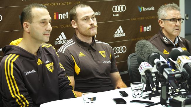 Jarryd Roughead speaks for the first time since his cancer return with club doctor Michael Makdissi, football boss Chris Fagan. Picture: David Caird