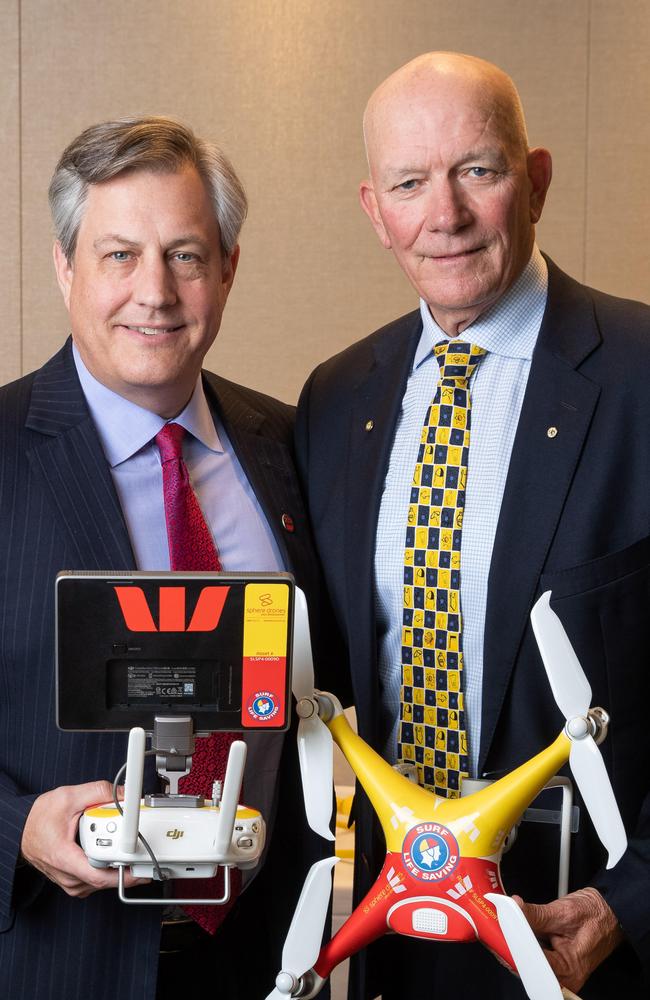 Westpac CEO Brian Hartzer (left) and SLSA president Graham Ford with the Westpac Life Saver Rescue Drone. 