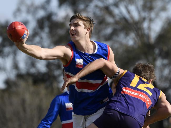 Max King and Cameron Purdy in action during the EFL Div 1 Grand final between Vermont and South Croydon in Bayswater, Saturday, Sept. 22, 2018. Picture:Andy Brownbill